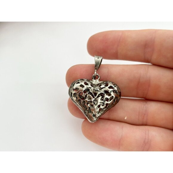Sterling Silver 3D Cutout FIligree Vintage Heart Shaped Large Pendant | Charm - Picture 8 of 10